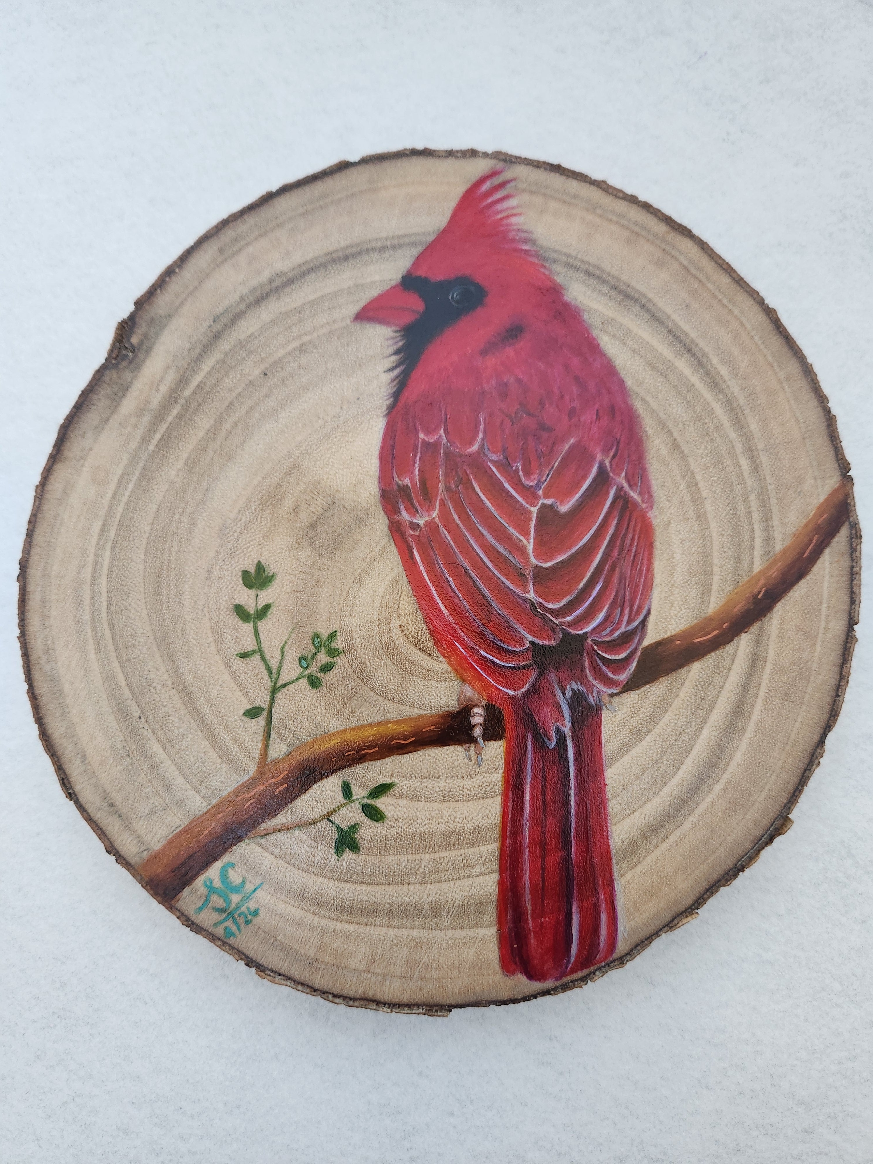 Red Cardinal handpainted on wood slice