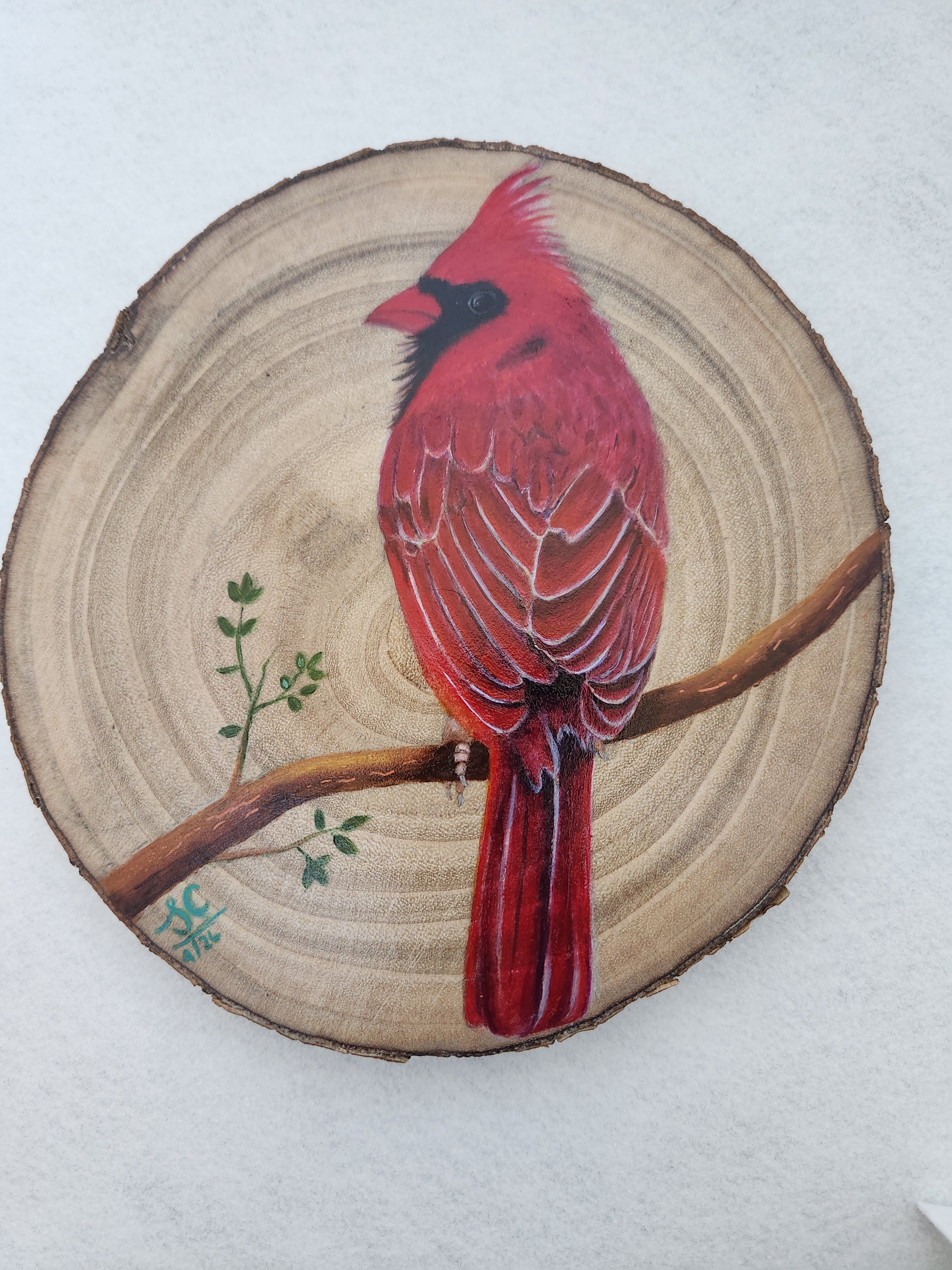 Red Cardinal handpainted on wood slice